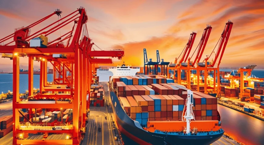 Freight containers at a port representing capacity shortages in flight forwarding.